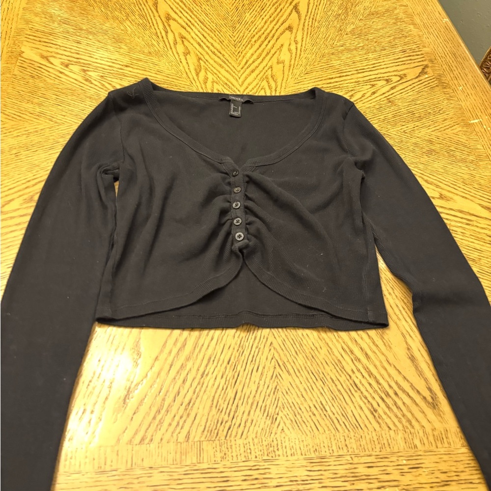 Black Long Sleeve Button-Up Crop Top
